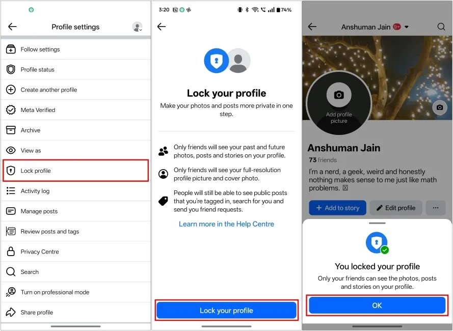 Cách 1: Khóa Bảo Vệ Trang Cá Nhân (Lock Profile)