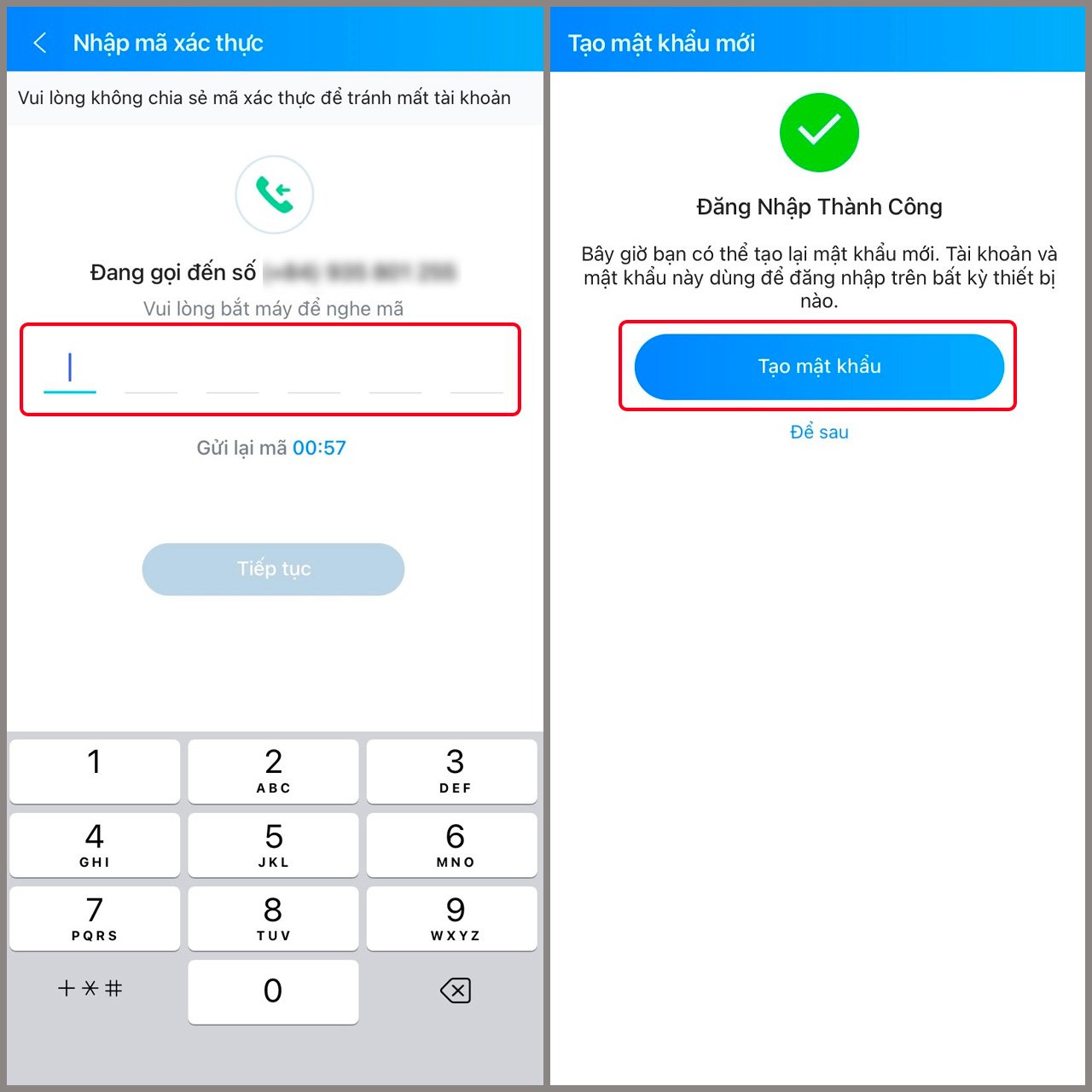Bước 3: Nhấn "Gửi mã xác thực". Zalo sẽ gửi một mã OTP gồm 6 chữ số đến số điện thoại của bạn qua tin nhắn SMS