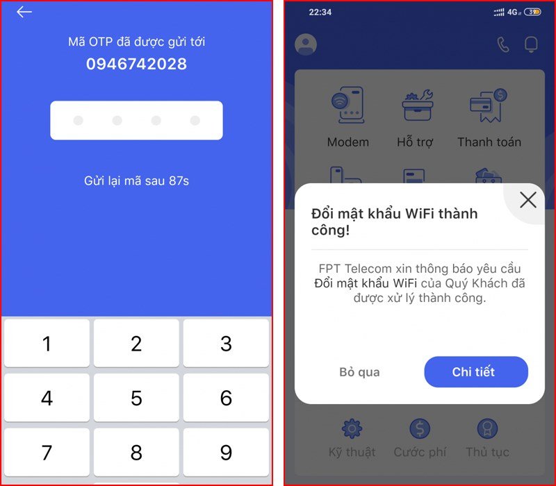 Bấm lưu và nhập OTP xác nhận là đổi mật khẩu xong