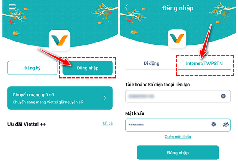 Chọn mục "Đăng nhập" > "Internet/TV/PSTN"
