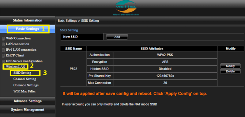 Basic Settings > Wireless LAN > SSID Setting