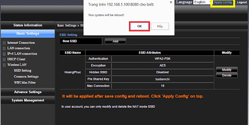 Chọn Apply Config để lưu thay đổi