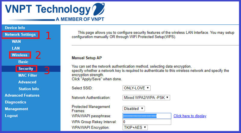 Truy cập trình bảo mật Network Settings > Wireless > Security