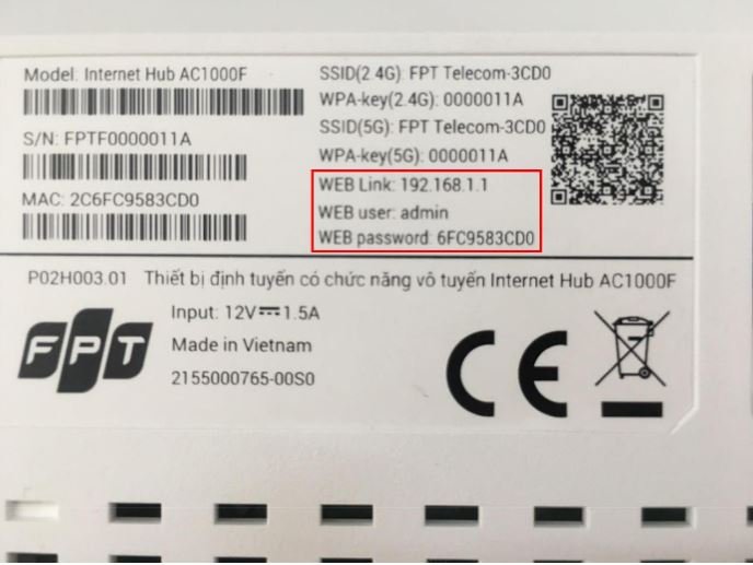 Mặt sau modem wifi fpt có đầy đủ thông tin đăng nhập trình quản lý